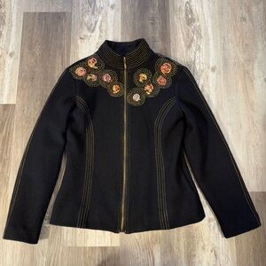 Icelandic Design Embroidered 100% Wool Black Fitted Zip Up Jacket Women’s Size S
